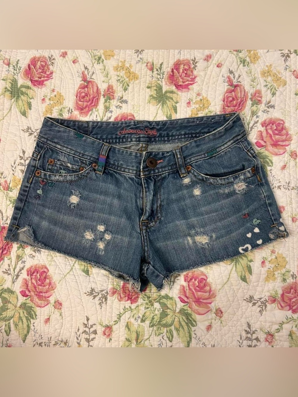 Vintage Y2K Preppy Low Rise Distressed Embroidered Mini Shorts by American Eagle